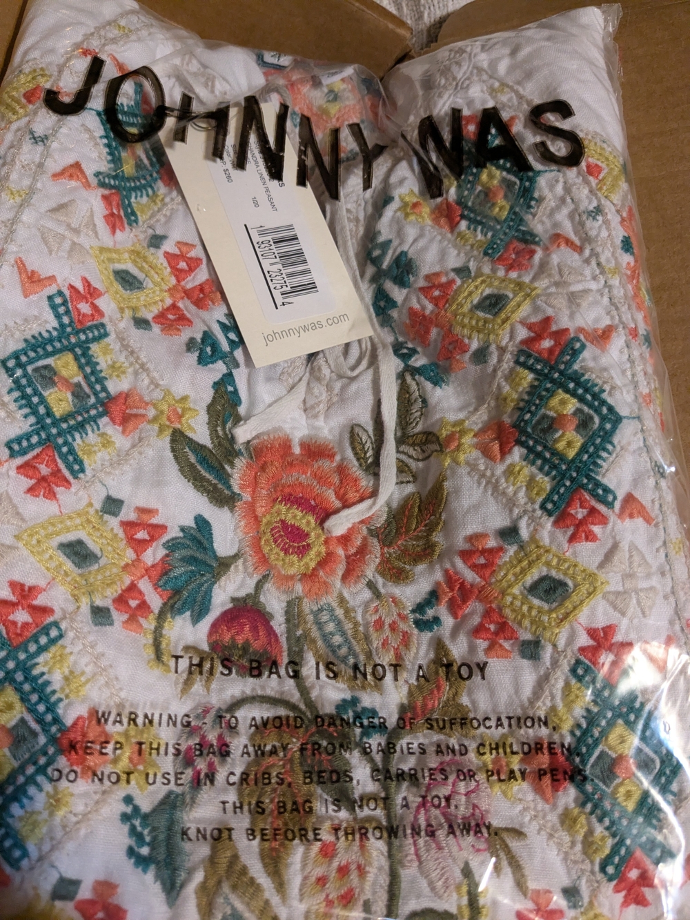 NWT Johnny Was White Linen Tunic with Embroidery Large Chandra Peasant